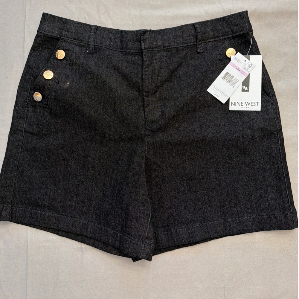 Nine West Jeans Women 6/28 Dark Wash Sailor Denim Shorts Gold Button Nautical